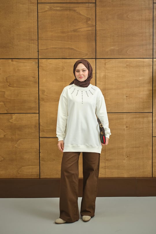 Yaka Taş Detay Tunik Beyaz
