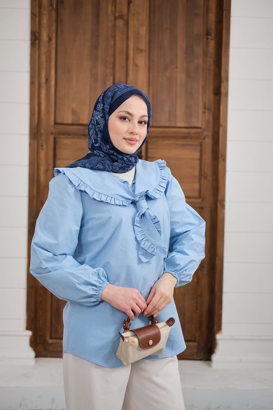 Yakası Fırfırlı Basic Gömlek Bebe Mavi