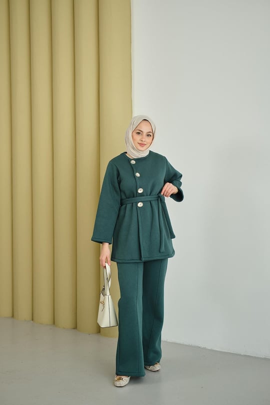 Yan Düğmeli Bel Bağlamalı Midi Boy Takım Yeşil