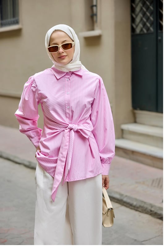 Yandan Bağlamalı Çizgili Gömlek Pembe