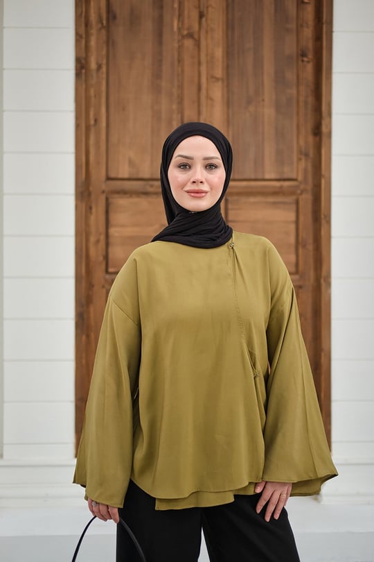 Yandan Düğmeli İçten Bağlama Detay Kimono Yağ Yeşil