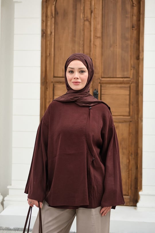 Yandan Düğmeli İçten Bağlama Detay Kimono Mürdüm