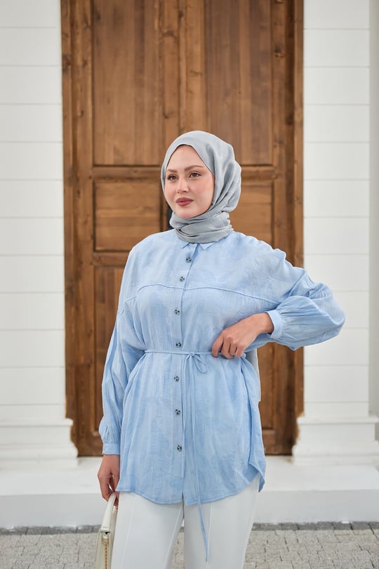 Yaprak Desen Bel Bağlamalı Gömlek Mavi