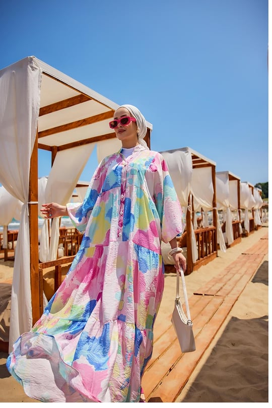 Yaprak Desen Elbise Beyaz