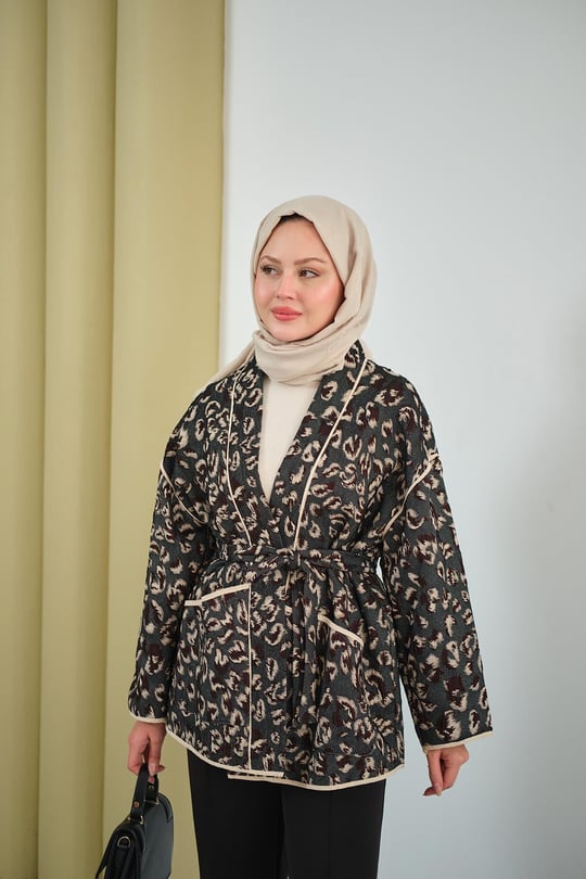 Yaprak Desen Şal Yaka Biyeli Ceket Füme
