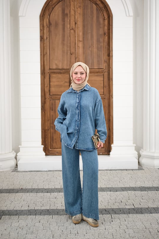 Yıkama Detay Beli Lastikli Boru Paça Gömlekli Takım Buz Mavi