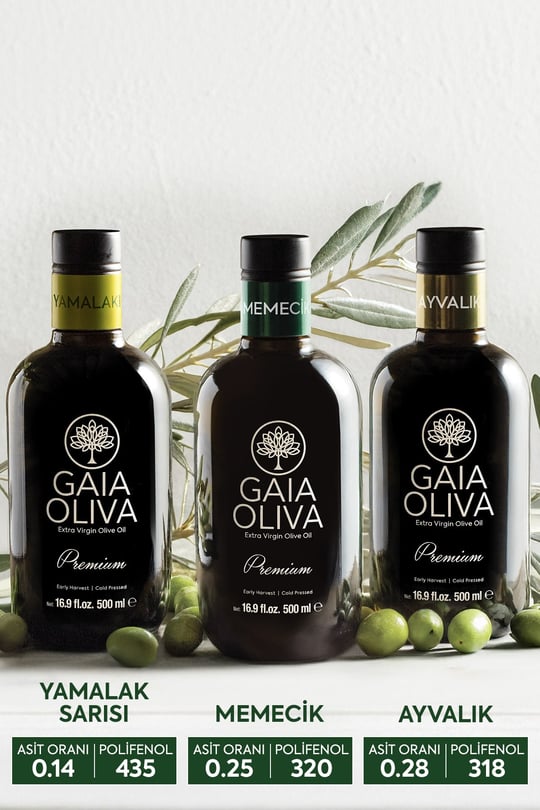 3lü Premium Ayvalık, Premium Memecik ve Premium Yamalak Sarısı 500 ml Erken Hasat Natürel Sızma Zeytinyağı