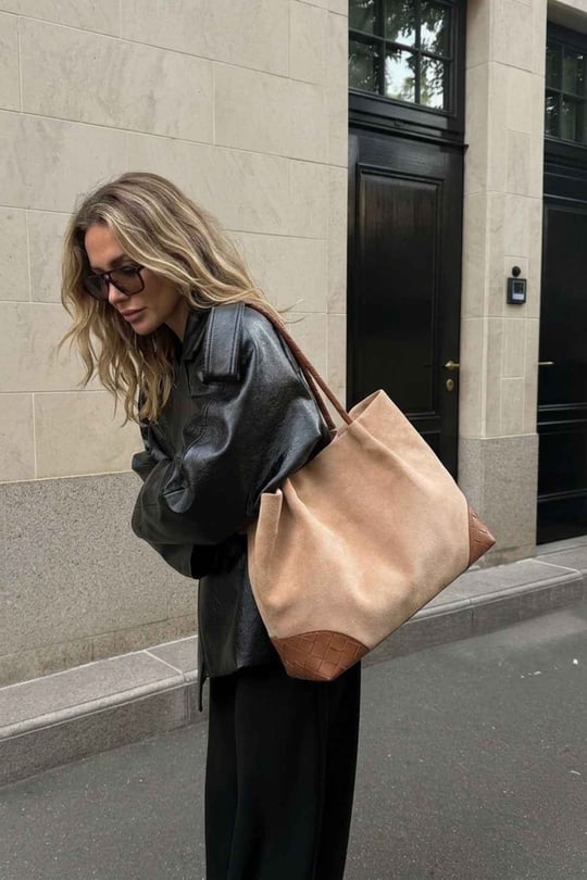 Camel Örgü Detaylı Süet Tote Çanta