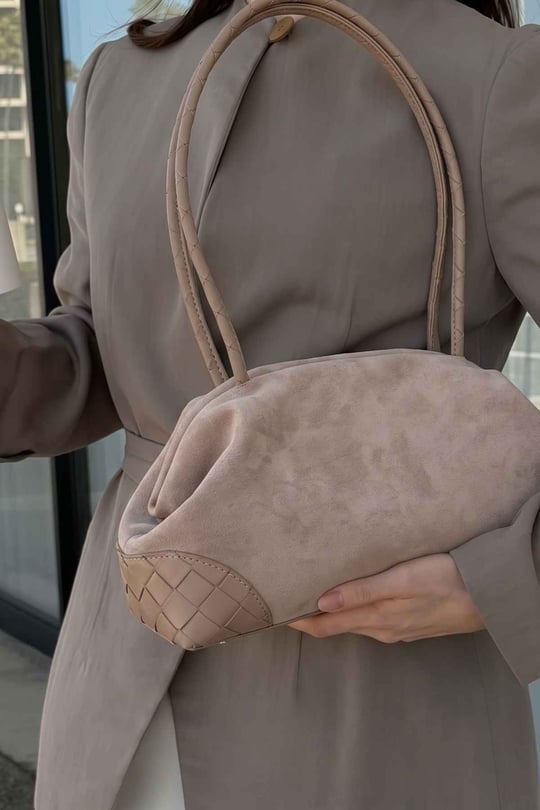 Vizon Süet Örgü Detaylı Omuz Çantası