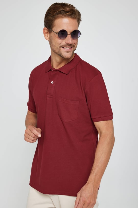 Erkek Polo Yaka Cepli Klasik Fit Düz Pamuklu Pike Bordo Tişört