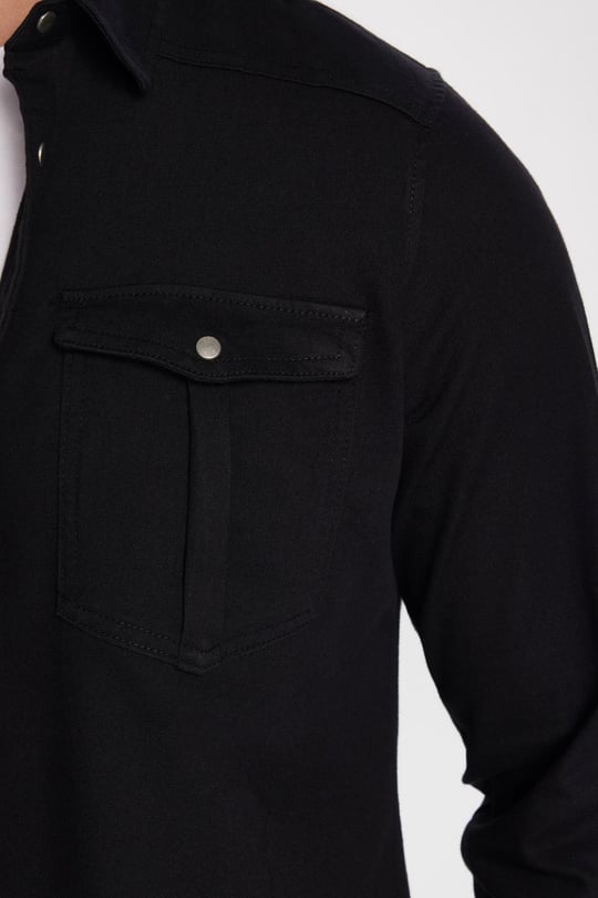 Slim Fit Uzun Kollu Dar Kesim Denim Kot Çift Cepli Spor Yaka Erkek Siyah Gömlek