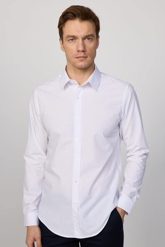Slim Fit Pamuklu Kolay Ütü Erkek Beyaz Gömlek - TUDORS