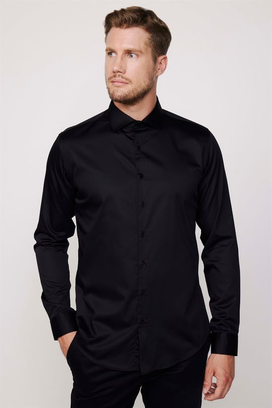 Slim Fit Koton Saten Premium Seri Erkek Siyah Gömlek - TUDORS