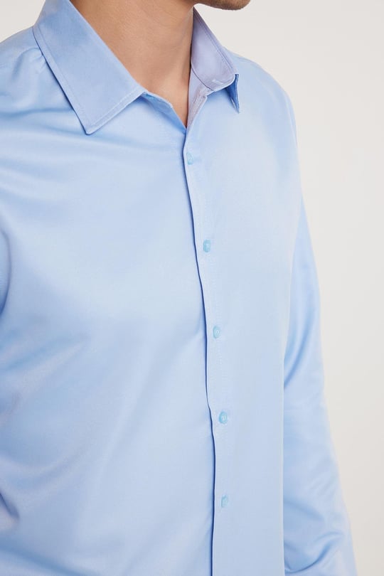 Slim Fit Uzun Kollu Kolay Ütü Teri Emen Nefes Alan Doku Kravatlık Dört Mevsim Mavi Erkek Gömlek