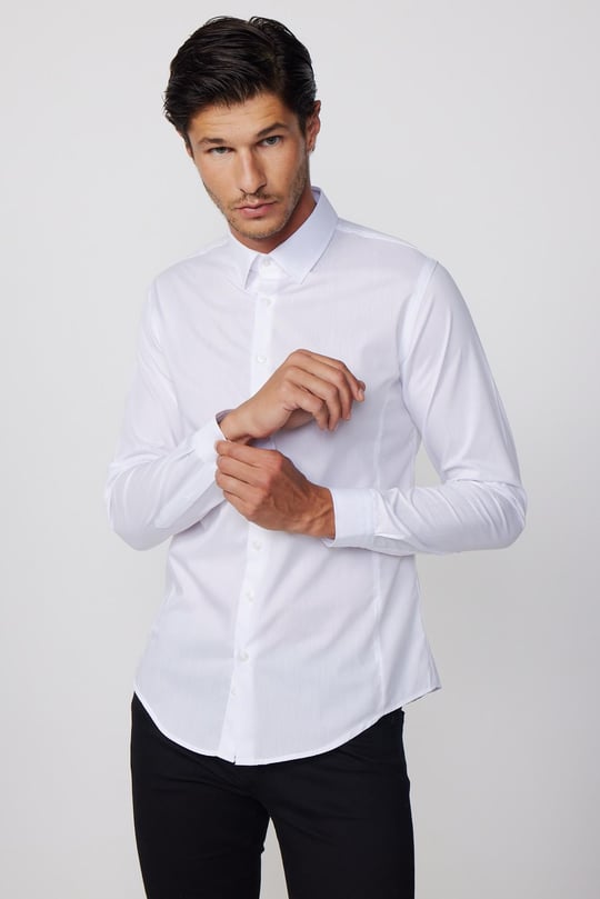 Slim Fit Arkadan Pensli Önden Kulplu Düz Trend Beyaz Erkek Gömlek - TUDORS