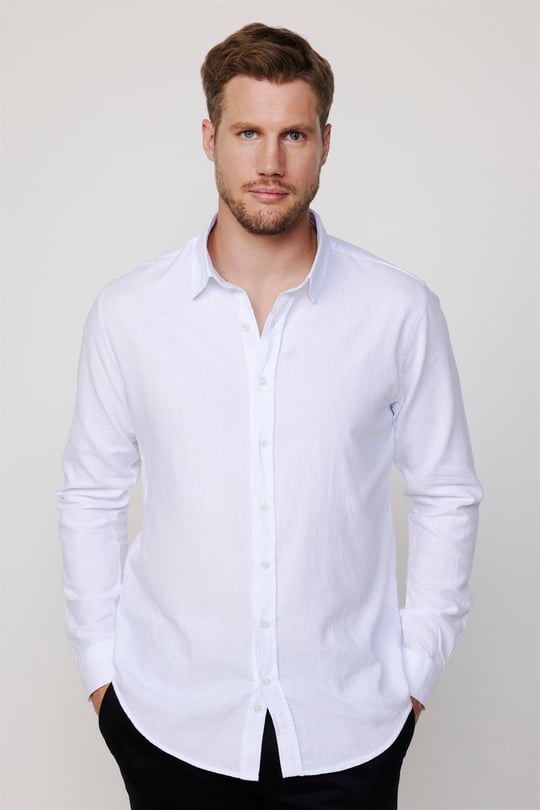 Slim Fit Uzun Kol Keten Efekt Düz Biyeli Beyaz Gömlek - TUDORS