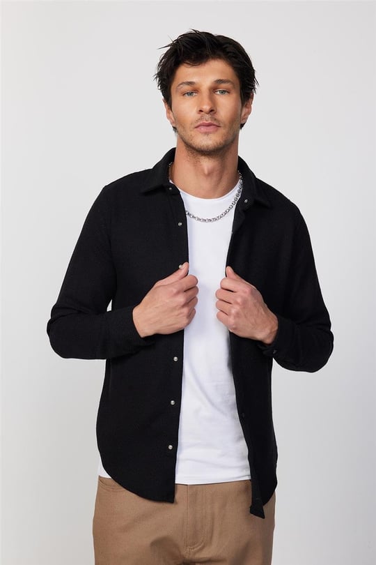 Slim Fit Dar Kesim Düz Oduncu Siyah Erkek Gömlek