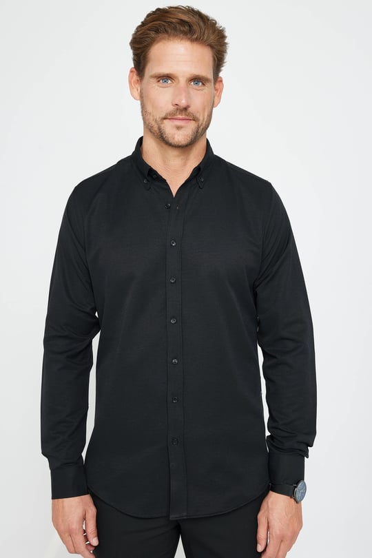 Erkek Slim Fit Dar Kesim Uzun Kollu Düğmeli Yaka Pamuklu Düz Oxford Siyah  Gömlek