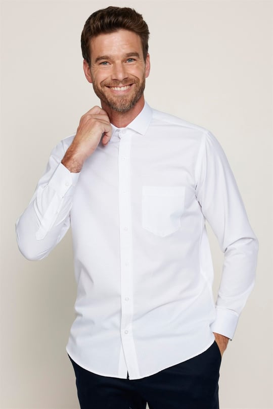 Klasik Fit Armürlü Kravatlık Yaka Desenli Erkek Beyaz Gömlek