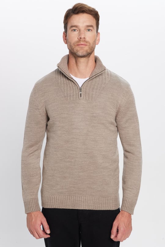 Erkek Slim Fit Dar Kesim Armürlü Fermuarlı Kahve Dik Yaka Kazak