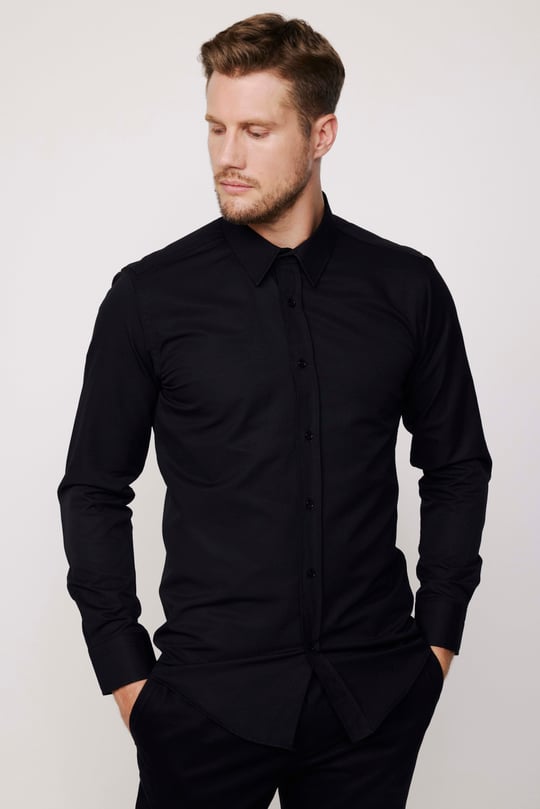 Modern Slim Fit Uzun Kollu Pamuklu Kolay Ütü Armürlü Erkek Siyah Gömlek