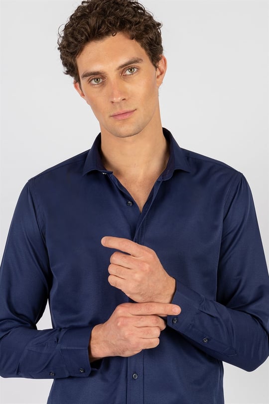Modern Slim Fit Uzun Kollu Düz Saten Pamuklu Erkek Lacivert Gömlek