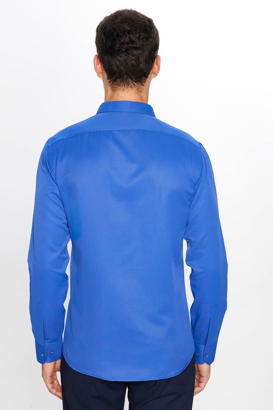 Erkek Modern Slim Fit Dar Kesim Uzun Kollu Pamuklu Kolay Ütü Armürlü Sax Mavi Gömlek