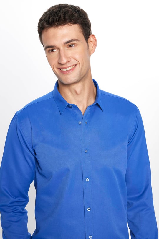 Erkek Modern Slim Fit Dar Kesim Uzun Kollu Pamuklu Kolay Ütü Armürlü Sax Mavi Gömlek