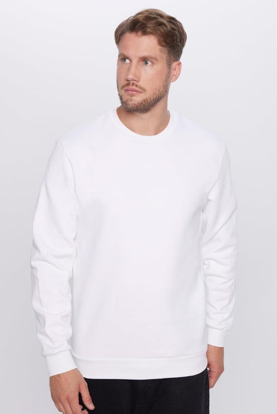 Unisex Oversize Geni Kesim 100 Pamuk Basic Beyaz Bisiklet Yaka Sweatshirt