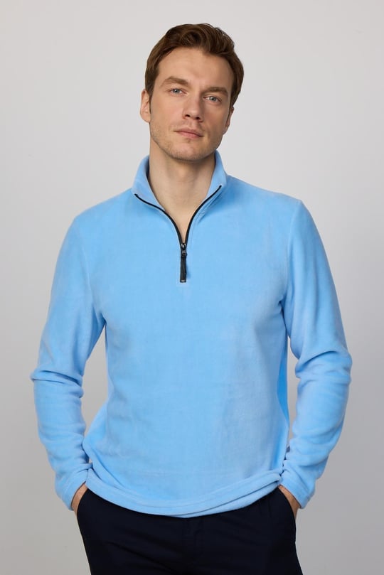 Erkek Standart Fit Rahat Kesim Bebe Mavi Dik Yaka Polar Sweatshirt - TUDORS