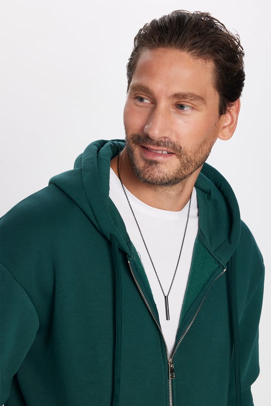 Unisex Relax Fit Rahat Kesim Pamuklu İçi Polarlı Çift Cepli Fermuarlı Yeşil Kapüşonlu Sweatshirt