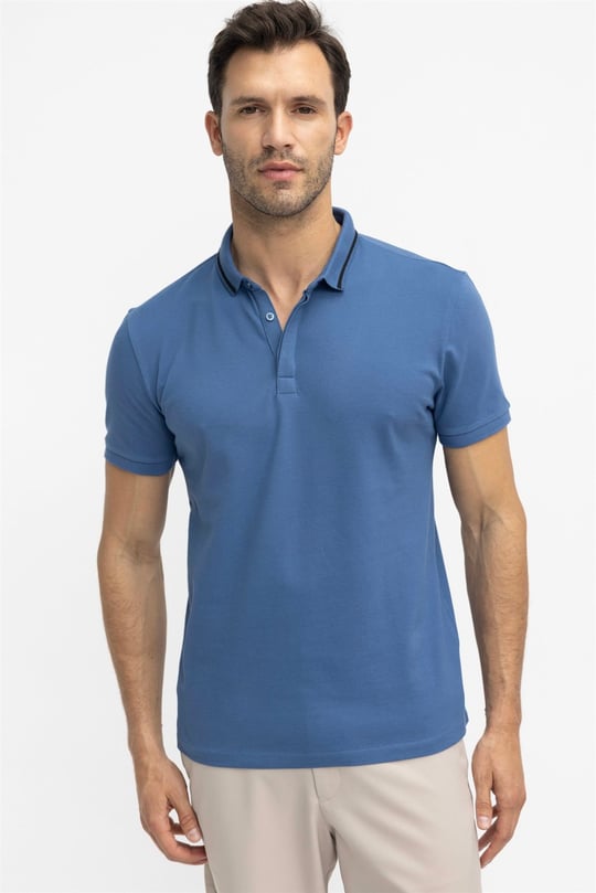 Erkek Spor Polo Yaka Slim Fit Pamuk Gizli Düğme Mavi Tişört - TUDORS