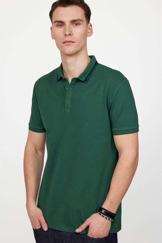 Erkek Spor Polo Yaka Slim Fit Pamuk Gizli Düğme Yeşil Tişört - TUDORS
