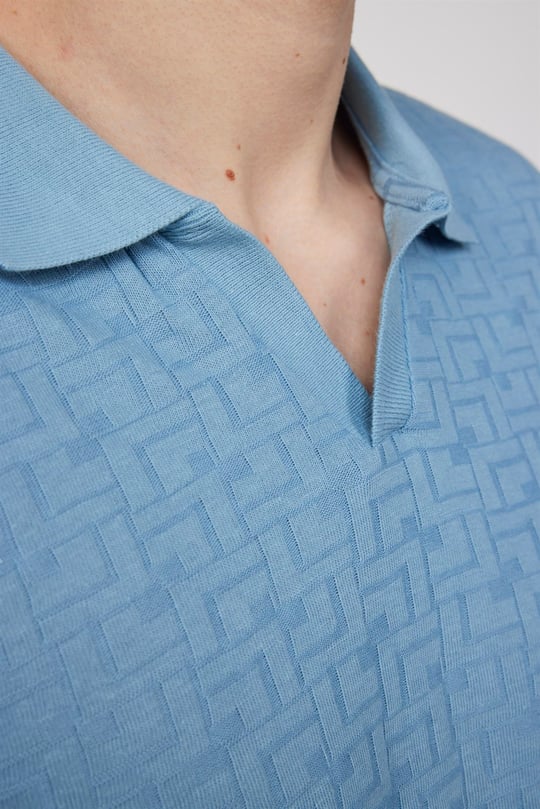 Erkek Polo V Yaka Slim Fit Düğmesiz Örme Pamuklu Mavi Tişört - TUDORS