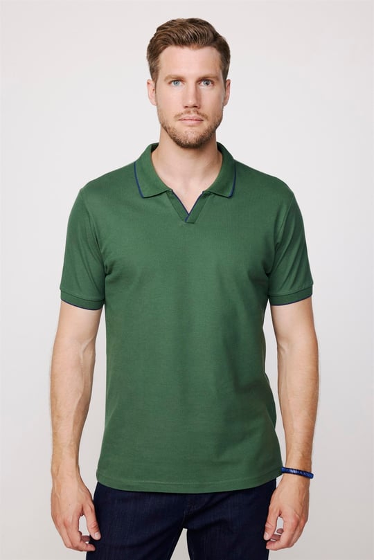 Erkek Polo Yaka Slim Fit Düğmesiz Pamuk Pike Yeşil Tişört - TUDORS