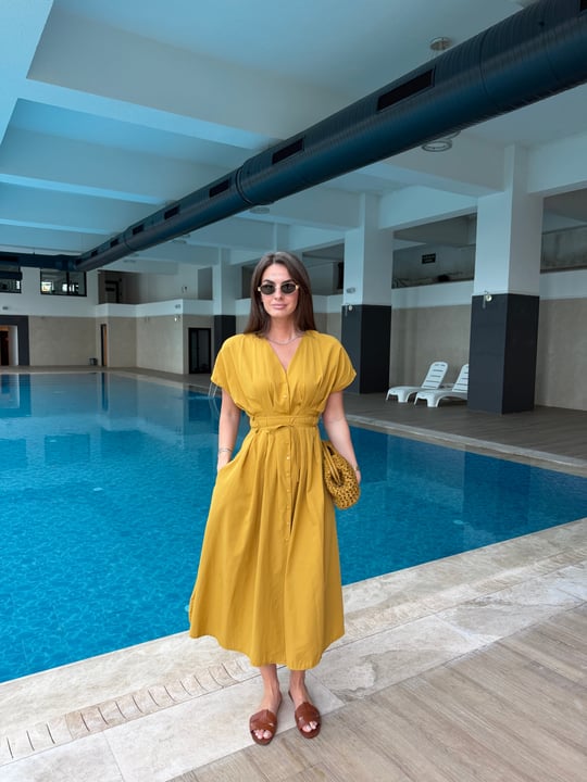 QULOVEYeni GelenlerHardal Belden Pileli Poplin Elbise