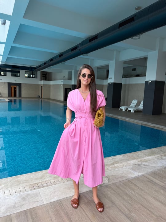 QULOVEYeni GelenlerPembe Belden Pileli Poplin Elbise