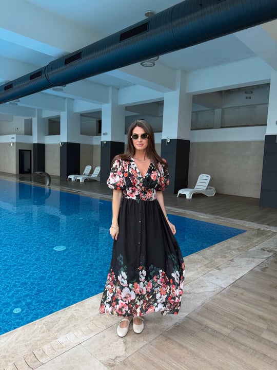 QULOVEYeni GelenlerSiyah Sulu Desen Maxi Elbise
