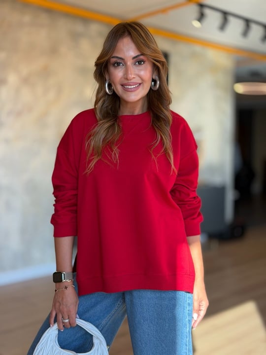 Bisiklet Yaka Kırmızı Oversize Yan Yırtmaçlı Sweatshirt