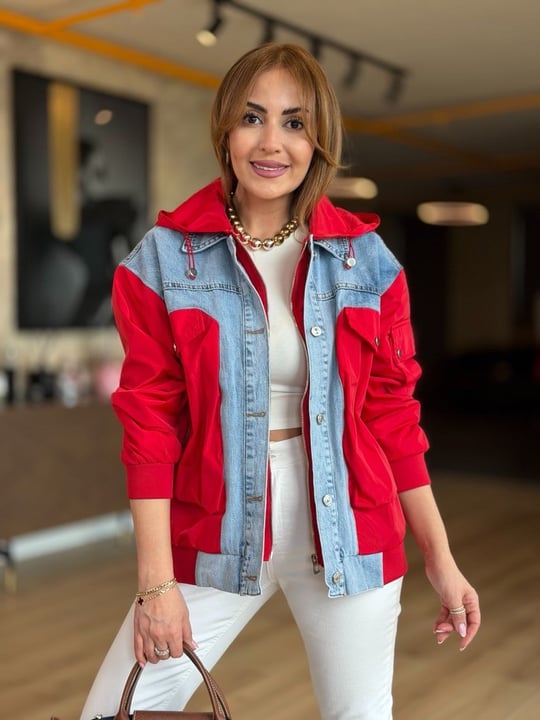 Mavi Denim Garnili Kırmızı Astarlı Mont