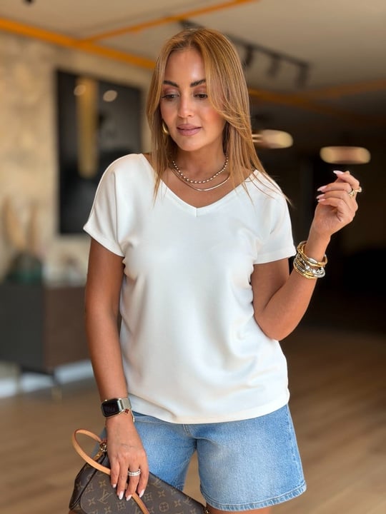 Ön Arka V Detay Beyaz Modal Tshirt