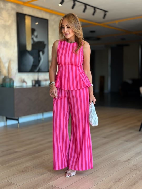 Pembe Kırmızı Çizgili Bella Bluz Takım
