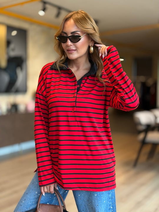 Polo Yaka Düğmeli Kırmızı Çizgili Basic Sweatshirt