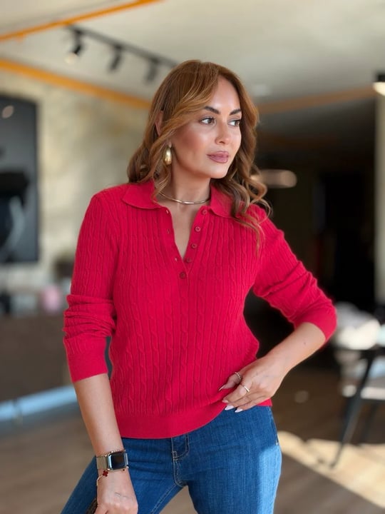 Polo Yaka Saç Örgü Kırmızı Uzun Kol Triko