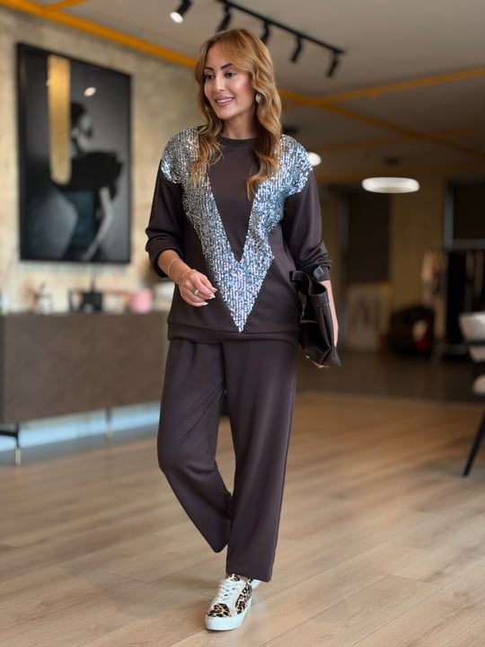 Silver Payetli Kahve Modal İkili Takım