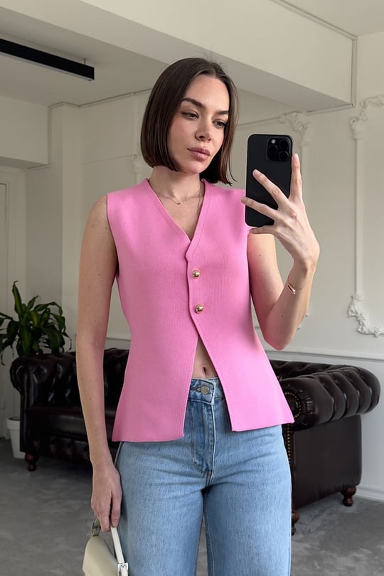 2 Düğmeli Çelik Örgü Yelek- PEMBE