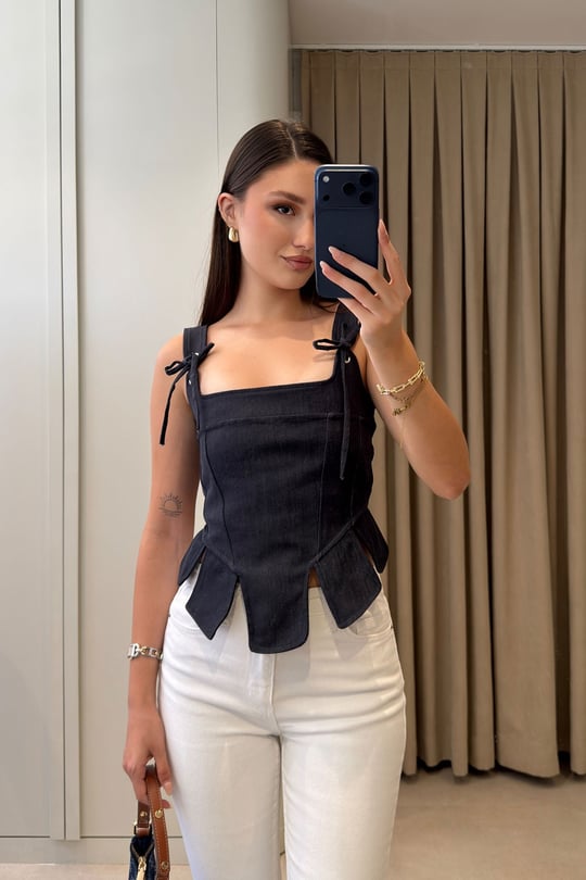 Askılı Bağlamalı Korse Denim Bluz- LACİVERT