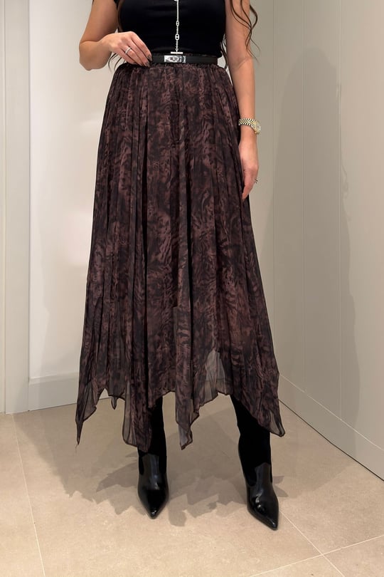 Batik Desen Astarlı Şifon Etek- KAHVERENGİ