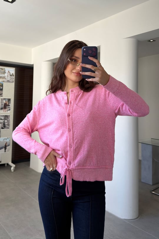 BELDEN BAĞLAMALI DÜĞMELİ HIRKA- PEMBE