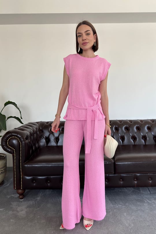 Belden Bağlamalı Orj Triko Takım- PEMBE